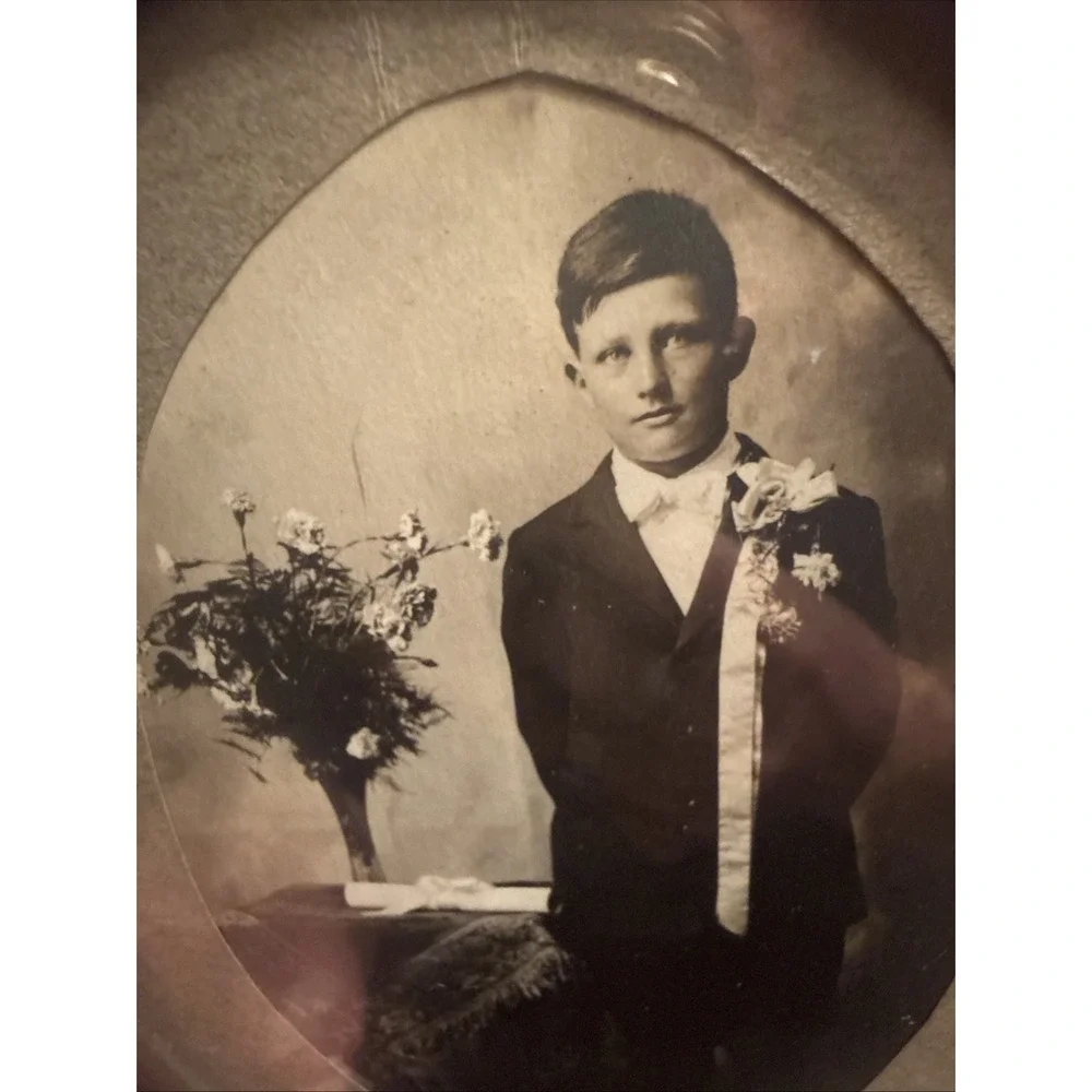 Antique Oval Sepia Picture Post Card Metal Frame Boy Man Suit Long Boutonnière